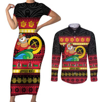 Vanuatu Christmas Couples Matching Short Sleeve Bodycon Dress and Long Sleeve Button Shirt Joyeux Noel Surfing Santa With Boar Tusk LT14 Red - Polynesian Pride