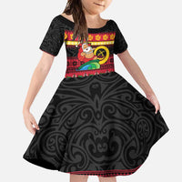 Vanuatu Christmas Family Matching Long Sleeve Bodycon Dress and Hawaiian Shirt Joyeux Noel Surfing Santa With Boar Tusk LT14 Daughter's Dress Red - Polynesian Pride