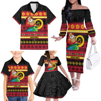 Vanuatu Christmas Family Matching Off The Shoulder Long Sleeve Dress and Hawaiian Shirt Joyeux Noel Surfing Santa With Boar Tusk LT14 - Polynesian Pride