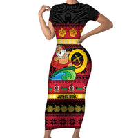 Vanuatu Christmas Family Matching Short Sleeve Bodycon Dress and Hawaiian Shirt Joyeux Noel Surfing Santa With Boar Tusk LT14 Mom's Dress Red - Polynesian Pride
