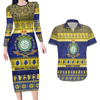 Niue Christmas Couples Matching Long Sleeve Bodycon Dress and Hawaiian Shirt Monuina e Kilisimasi Hiapo Motifs LT14 Blue - Polynesian Pride
