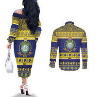 Niue Christmas Couples Matching Off The Shoulder Long Sleeve Dress and Long Sleeve Button Shirt Monuina e Kilisimasi Hiapo Motifs LT14 - Polynesian Pride