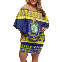 Niue Christmas Family Matching Off Shoulder Short Dress and Hawaiian Shirt Monuina e Kilisimasi Hiapo Motifs LT14 Mom's Dress Blue - Polynesian Pride