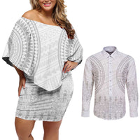 Niue White Sunday Couples Matching Off Shoulder Short Dress and Long Sleeve Button Shirt Tapu Fanau Ia Puakenikeni Hiapo Pattern LT14 White - Polynesian Pride