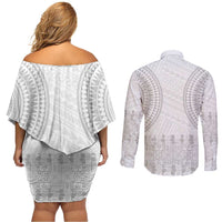 Niue White Sunday Couples Matching Off Shoulder Short Dress and Long Sleeve Button Shirt Tapu Fanau Ia Puakenikeni Hiapo Pattern LT14 - Polynesian Pride