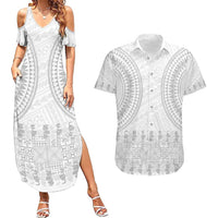 Niue White Sunday Couples Matching Summer Maxi Dress and Hawaiian Shirt Tapu Fanau Ia Puakenikeni Hiapo Pattern LT14 White - Polynesian Pride