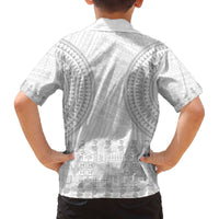 Niue White Sunday Family Matching Off The Shoulder Long Sleeve Dress and Hawaiian Shirt Tapu Fanau Ia Puakenikeni Hiapo Pattern LT14 - Polynesian Pride