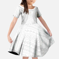 Niue White Sunday Family Matching Off The Shoulder Long Sleeve Dress and Hawaiian Shirt Tapu Fanau Ia Puakenikeni Hiapo Pattern LT14 Daughter's Dress White - Polynesian Pride