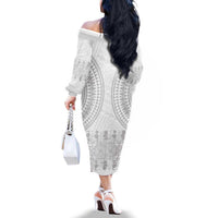 Niue White Sunday Family Matching Off The Shoulder Long Sleeve Dress and Hawaiian Shirt Tapu Fanau Ia Puakenikeni Hiapo Pattern LT14 - Polynesian Pride