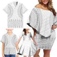 Niue White Sunday Family Matching Off Shoulder Short Dress and Hawaiian Shirt Tapu Fanau Ia Puakenikeni Hiapo Pattern LT14 - Polynesian Pride