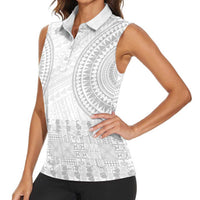 Niue White Sunday Women Sleeveless Polo Shirt Tapu Fanau Ia Puakenikeni Hiapo Pattern - Polynesian Pride
