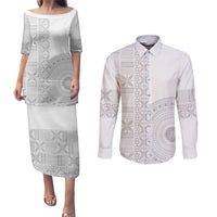 Niue White Sunday Couples Matching Puletasi and Long Sleeve Button Shirt Half Hiapo Pattern Vibes - Polynesian Pride