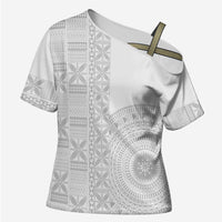 Niue White Sunday Cross Shoulder Shirt Half Hiapo Pattern Vibes - Polynesian Pride