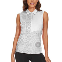 Niue White Sunday Women Sleeveless Polo Shirt Half Hiapo Pattern Vibes - Polynesian Pride