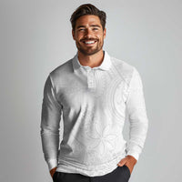 Tapu Fanau Ia Niue Long Sleeve Polo Shirt Happy White Sunday Unique Hiapo - Polynesian Pride