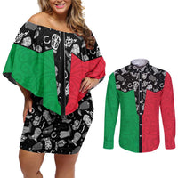 Vanuatu Cowboy Couples Matching Off Shoulder Short Dress and Long Sleeve Button Shirt Cowboy Symbols Split Stylized - Polynesian Pride
