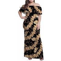 Vanuatu Cowboy Family Matching Off Shoulder Maxi Dress and Hawaiian Shirt Seamless Straw Hats Hibiscus LT14 Mom's Dress Black - Polynesian Pride