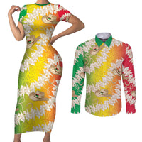 Vanuatu Cowboy Couples Matching Short Sleeve Bodycon Dress and Long Sleeve Button Shirt Straw Hats Hibiscus With Sand Drawing - Polynesian Pride