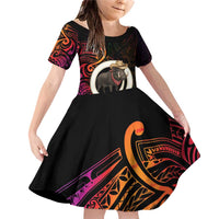Vanuatu Boar Cowboy Family Matching Off Shoulder Short Dress and Hawaiian Shirt Tusk Gradient Polynesian Pattern LT14 Daughter's Dress Black - Polynesian Pride