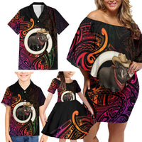 Vanuatu Boar Cowboy Family Matching Off Shoulder Short Dress and Hawaiian Shirt Tusk Gradient Polynesian Pattern LT14 - Polynesian Pride