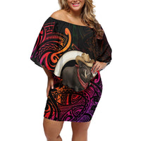Vanuatu Boar Cowboy Family Matching Off Shoulder Short Dress and Hawaiian Shirt Tusk Gradient Polynesian Pattern LT14 Mom's Dress Black - Polynesian Pride