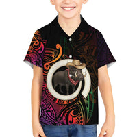 Vanuatu Boar Cowboy Kid Hawaiian Shirt Tusk Gradient Polynesian Pattern - Polynesian Pride