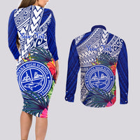 Personalised Samoana High School Couples Matching Long Sleeve Bodycon Dress and Long Sleeve Button Shirt American Samoa Schools Polynesian Tropical Flowers LT14 - Polynesian Pride