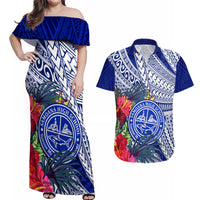 Personalised Samoana High School Couples Matching Off Shoulder Maxi Dress and Hawaiian Shirt American Samoa Schools Polynesian Tropical Flowers LT14 Blue - Polynesian Pride