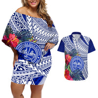 Personalised Samoana High School Couples Matching Off Shoulder Short Dress and Hawaiian Shirt American Samoa Schools Polynesian Tropical Flowers LT14 Blue - Polynesian Pride