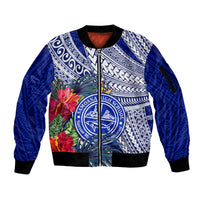Personalised Samoana High School Sleeve Zip Bomber Jacket American Samoa Schools Polynesian Tropical Flowers LT14 Unisex Blue - Polynesian Pride