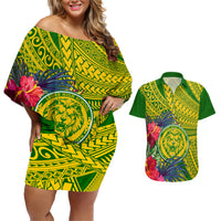 Personalised Leone High School Couples Matching Off Shoulder Short Dress and Hawaiian Shirt American Samoa Schools Polynesian Tropical Flowers LT14 Green - Polynesian Pride