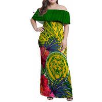 Personalised Leone High School Family Matching Off Shoulder Maxi Dress and Hawaiian Shirt American Samoa Schools Polynesian Tropical Flowers LT14 Mom's Dress Green - Polynesian Pride