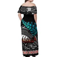 Personalised New Zealand Waka Off Shoulder Maxi Dress Aotearoa Maori Silver Fern Pattern LT14 - Polynesian Pride