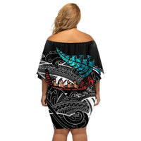 Personalised New Zealand Waka Off Shoulder Short Dress Aotearoa Maori Silver Fern Pattern LT14 - Polynesian Pride