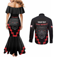 Personalised Toitu Te Tiriti Mana Maori Motuhake Couples Matching Mermaid Dress and Long Sleeve Button Shirt Aotearoa Haka Face Mix Poutama Art
