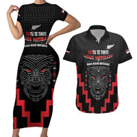 Personalised Toitu Te Tiriti Mana Maori Motuhake Couples Matching Short Sleeve Bodycon Dress and Hawaiian Shirt Aotearoa Haka Face Mix Poutama Art LT14 Black - Polynesian Pride