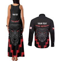 Personalised Toitu Te Tiriti Mana Maori Motuhake Couples Matching Tank Maxi Dress and Long Sleeve Button Shirt Aotearoa Haka Face Mix Poutama Art