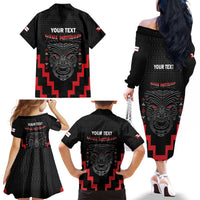 Personalised Toitu Te Tiriti Mana Maori Motuhake Family Matching Off The Shoulder Long Sleeve Dress and Hawaiian Shirt Aotearoa Haka Face Mix Poutama Art LT14 - Polynesian Pride