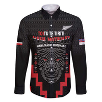 Personalised Toitu Te Tiriti Mana Maori Motuhake Family Matching Off Shoulder Short Dress and Hawaiian Shirt Aotearoa Haka Face Mix Poutama Art LT14 Dad's Shirt - Long Sleeve Black - Polynesian Pride