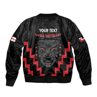 Personalised Toitu Te Tiriti Mana Maori Motuhake Sleeve Zip Bomber Jacket Aotearoa Haka Face Mix Poutama Art