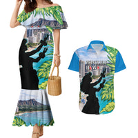 Personalised Honolulu Aloha Hawaii Couples Matching Mermaid Dress and Hawaiian Shirt Tropical Leaves With Hula Girl LT14 Blue - Polynesian Pride