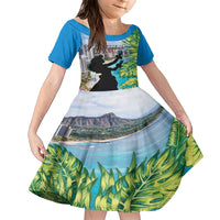 Personalised Honolulu Aloha Hawaii Family Matching Short Sleeve Bodycon Dress and Hawaiian Shirt Tropical Leaves With Hula Girl LT14 Daughter's Dress Blue - Polynesian Pride
