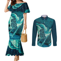 Personalised New Zealand Waitangi Day Couples Matching Mermaid Dress and Long Sleeve Button Shirt Hei Tiki With Maori Waka - Whakarare Pattern LT14 Dark Cyan - Polynesian Pride