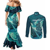 Personalised New Zealand Waitangi Day Couples Matching Mermaid Dress and Long Sleeve Button Shirt Hei Tiki With Maori Waka - Whakarare Pattern LT14 - Polynesian Pride