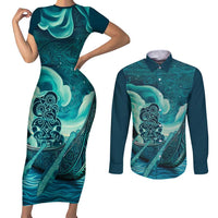 Personalised New Zealand Waitangi Day Couples Matching Short Sleeve Bodycon Dress and Long Sleeve Button Shirt Hei Tiki With Maori Waka - Whakarare Pattern LT14 Dark Cyan - Polynesian Pride