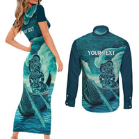 Personalised New Zealand Waitangi Day Couples Matching Short Sleeve Bodycon Dress and Long Sleeve Button Shirt Hei Tiki With Maori Waka - Whakarare Pattern LT14 - Polynesian Pride