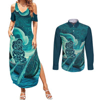 Personalised New Zealand Waitangi Day Couples Matching Summer Maxi Dress and Long Sleeve Button Shirt Hei Tiki With Maori Waka - Whakarare Pattern LT14 Dark Cyan - Polynesian Pride