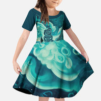 Personalised New Zealand Waitangi Day Family Matching Long Sleeve Bodycon Dress and Hawaiian Shirt Hei Tiki With Maori Waka - Whakarare Pattern LT14 Daughter's Dress Dark Cyan - Polynesian Pride