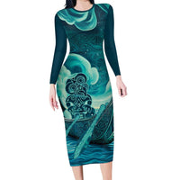 Personalised New Zealand Waitangi Day Family Matching Long Sleeve Bodycon Dress and Hawaiian Shirt Hei Tiki With Maori Waka - Whakarare Pattern LT14 Mom's Dress Dark Cyan - Polynesian Pride