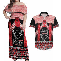 Toitu Te Tiriti O Waitangi Couples Matching Off Shoulder Maxi Dress and Hawaiian Shirt Maori Wharenui With Taniko Motifs LT14 Red - Polynesian Pride